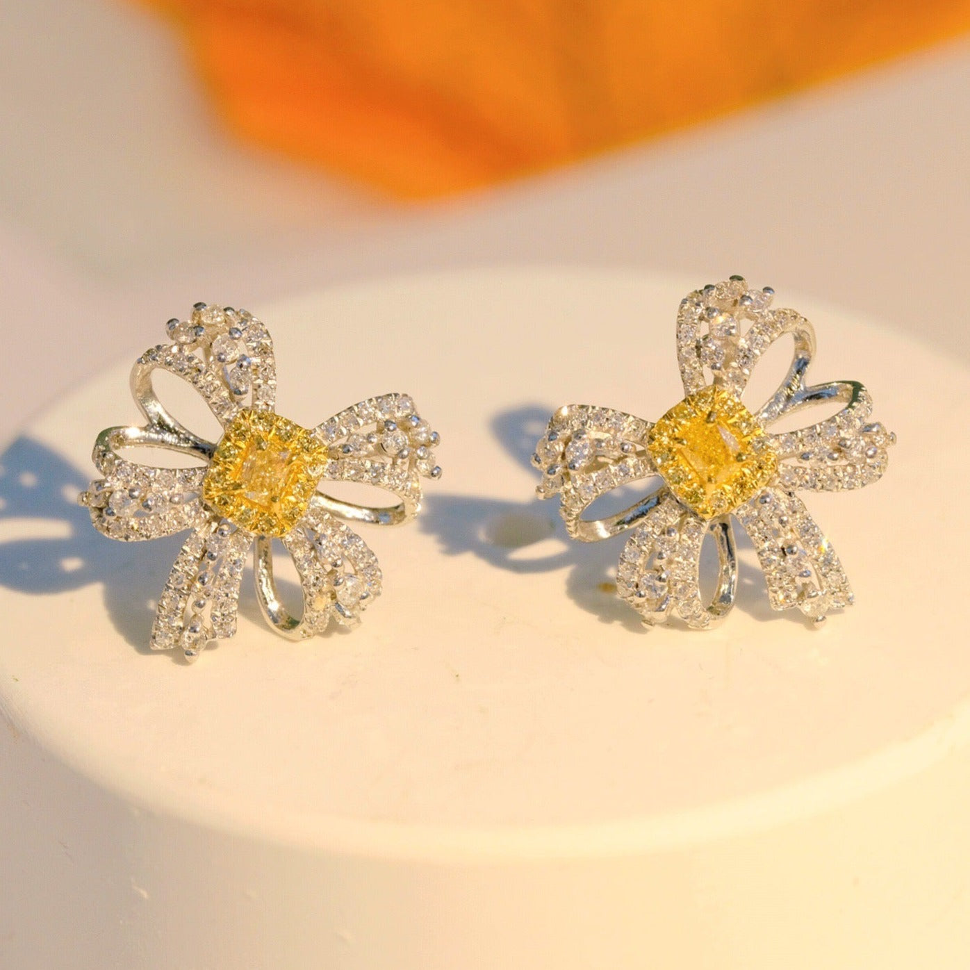 Vintage 18K Solid Gold Genuine Yellow Diamond Stud Earrings, Wedding Earrings , Gift for her