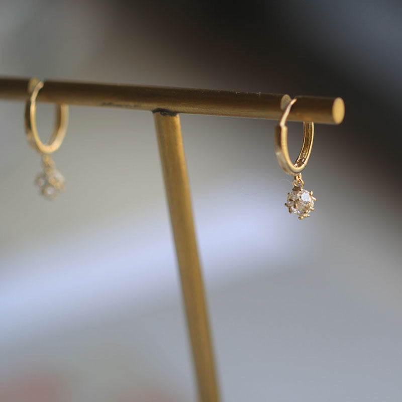 Dainty 9K Solid Gold CZ Diamond Dangle Ball Hoop Earrings / 9K Solid Gold Hoop Earrings