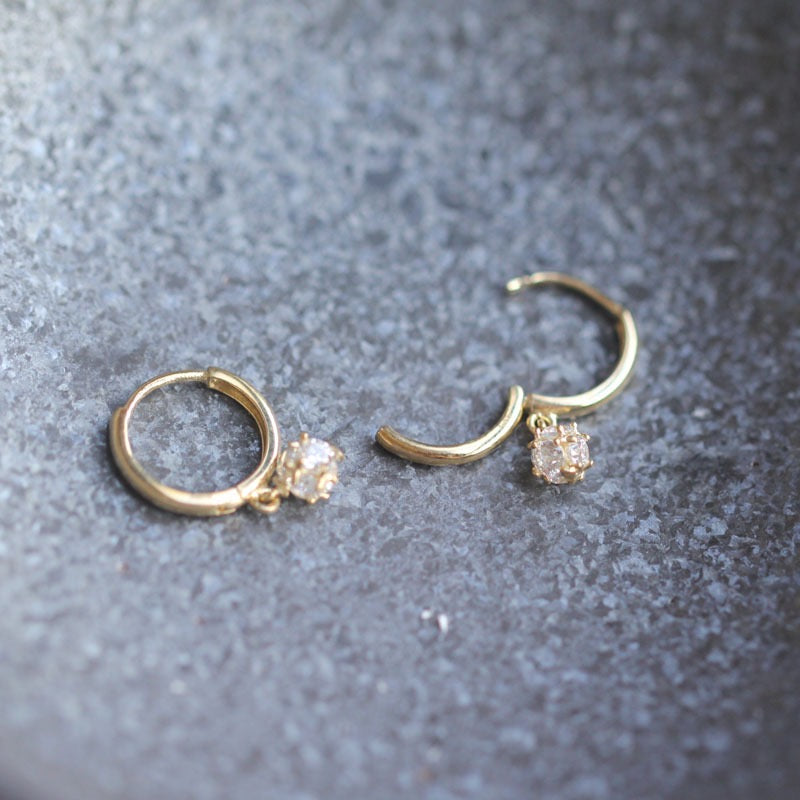 Dainty 9K Solid Gold CZ Diamond Dangle Ball Hoop Earrings / 9K Solid Gold Hoop Earrings