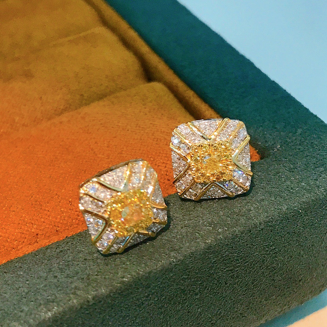 Vintage 18K Solid Gold Genuine Yellow Diamond Stud Earrings, Wedding Earrings, Gift for her