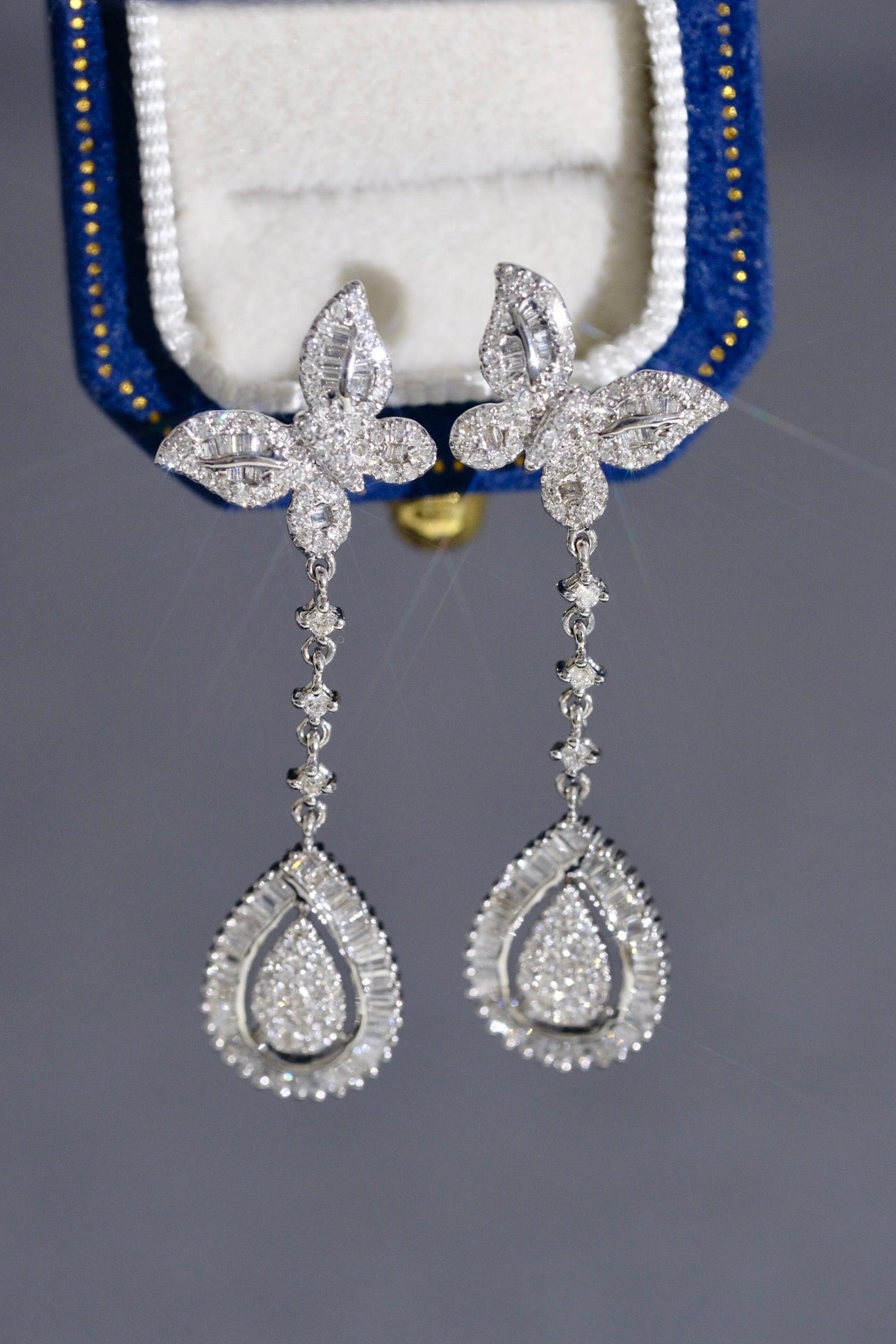 Vintage 18K Solid Gold Full Diamond Butterfly Earrings, Wedding earrings, Gift for her