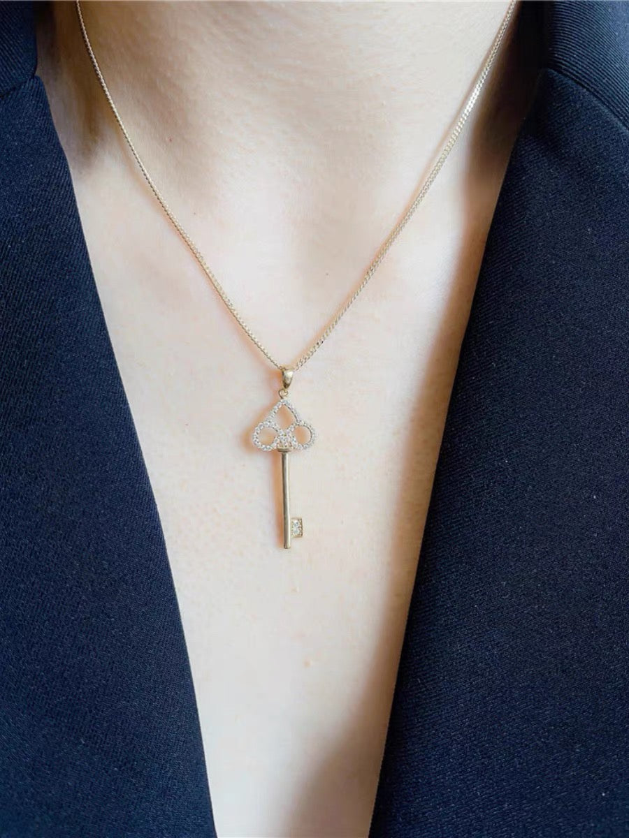 Vintage 14K Solid Gold Key Pendant, CZ Diamond key Pendant