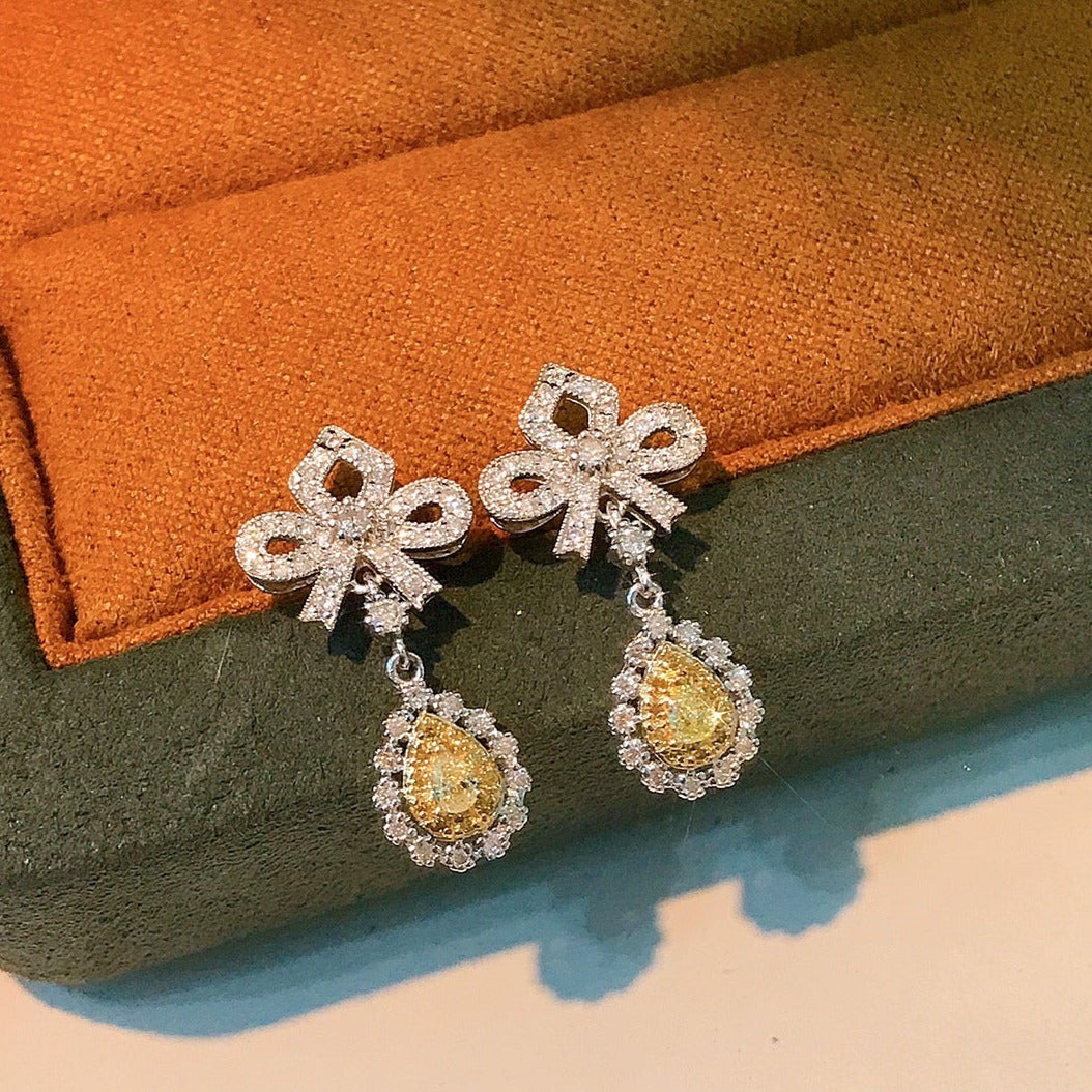 Art Deco 18K Solid Gold Genuine Yellow Diamond Earrings, Wedding Earrings, Gift for her