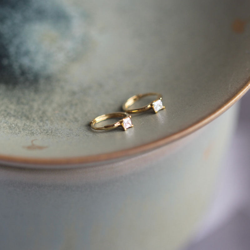 Dainty 9K solid gold earrings, 9K Solid Gold CZ Diamond Hoop earrings
