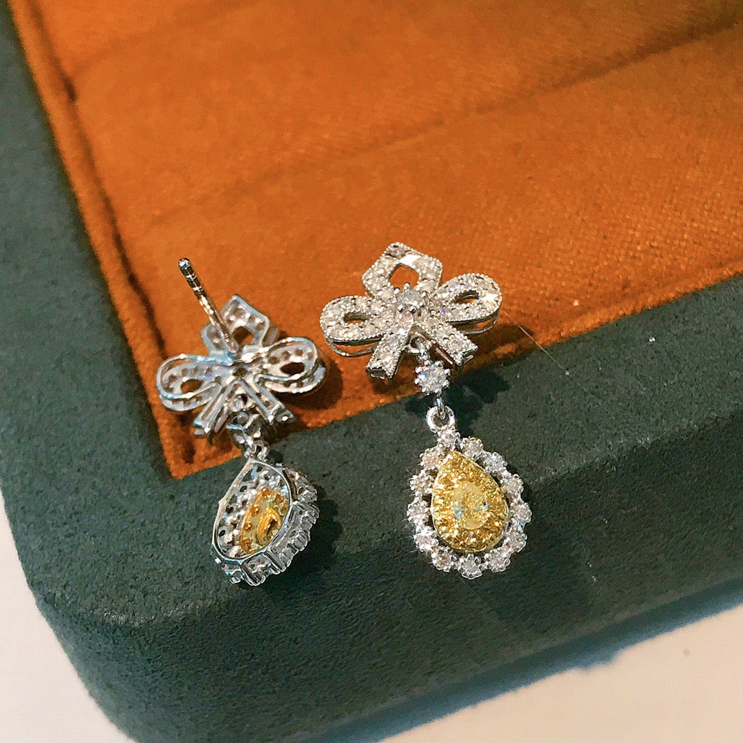 Art Deco 18K Solid Gold Genuine Yellow Diamond Earrings, Wedding Earrings, Gift for her