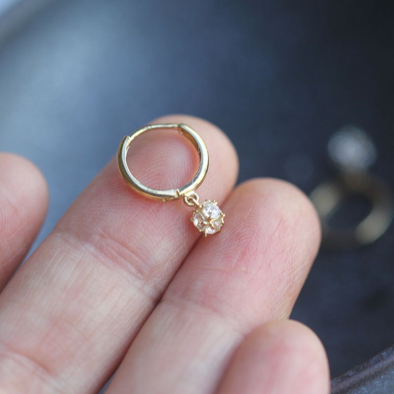 Dainty 9K Solid Gold CZ Diamond Dangle Ball Hoop Earrings / 9K Solid Gold Hoop Earrings