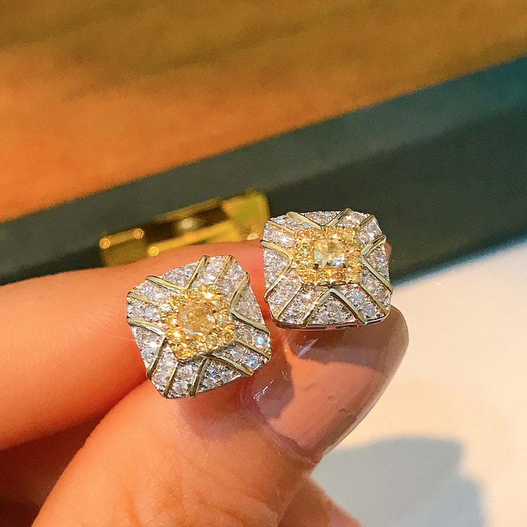 Vintage 18K Solid Gold Genuine Yellow Diamond Stud Earrings, Wedding Earrings, Gift for her