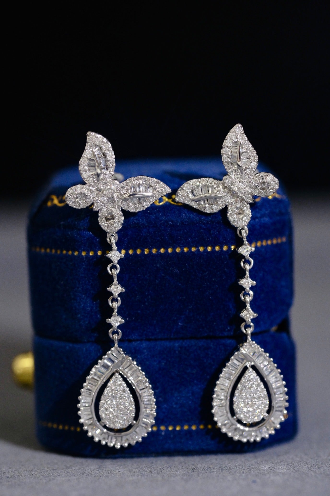 Vintage 18K Solid Gold Full Diamond Butterfly Earrings, Wedding earrings, Gift for her