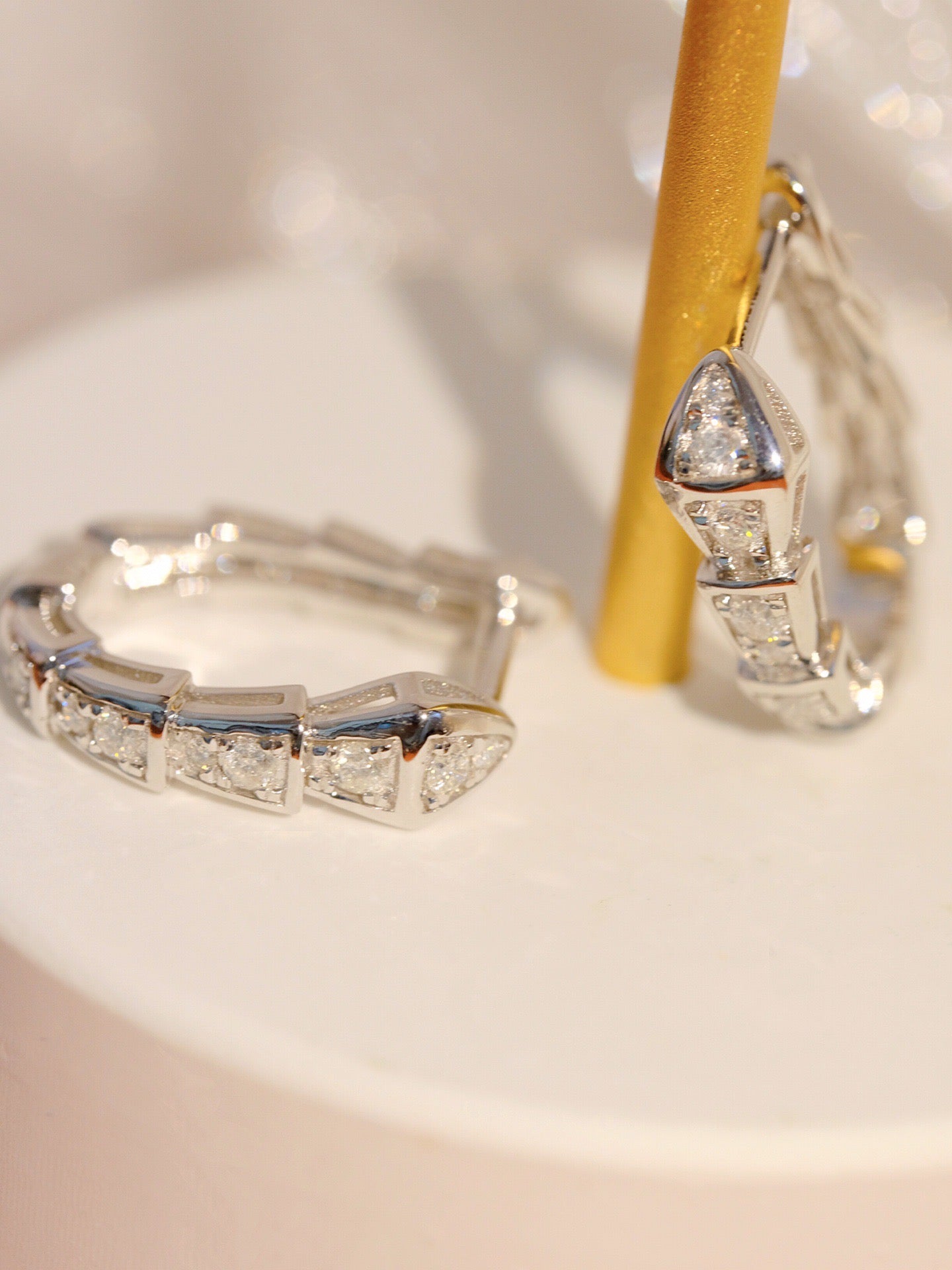 Vintage 18K Solid Gold Diamond Snake Earrings, Diamond Hoop Earrings, Gift for her