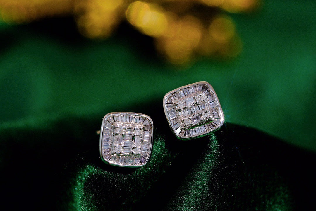 Vintage 18K Solid Gold Full Diamond Stud Earrings, Wedding, Engagement Earrings, Diamond Earrings, gift for her