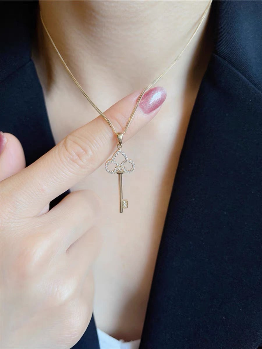 Vintage 14K Solid Gold Key Pendant, CZ Diamond key Pendant