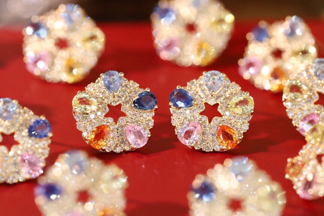 Art Deco 18K Solid Gold Genuine Rainbow Sapphire Diamond Earrings