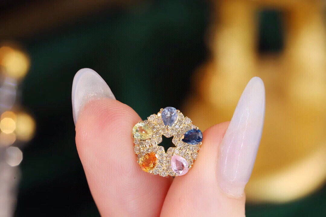 Art Deco 18K Solid Gold Genuine Rainbow Sapphire Diamond Earrings