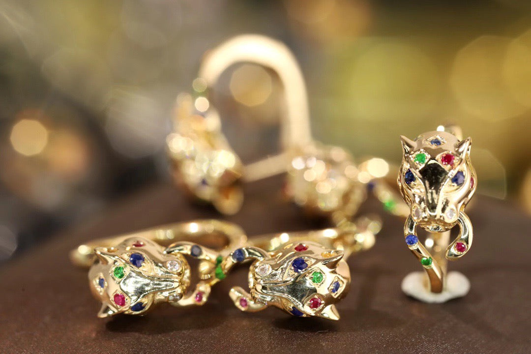 18K Solid Gold Sapphire, Ruby , Diamond Cheetah Earrings