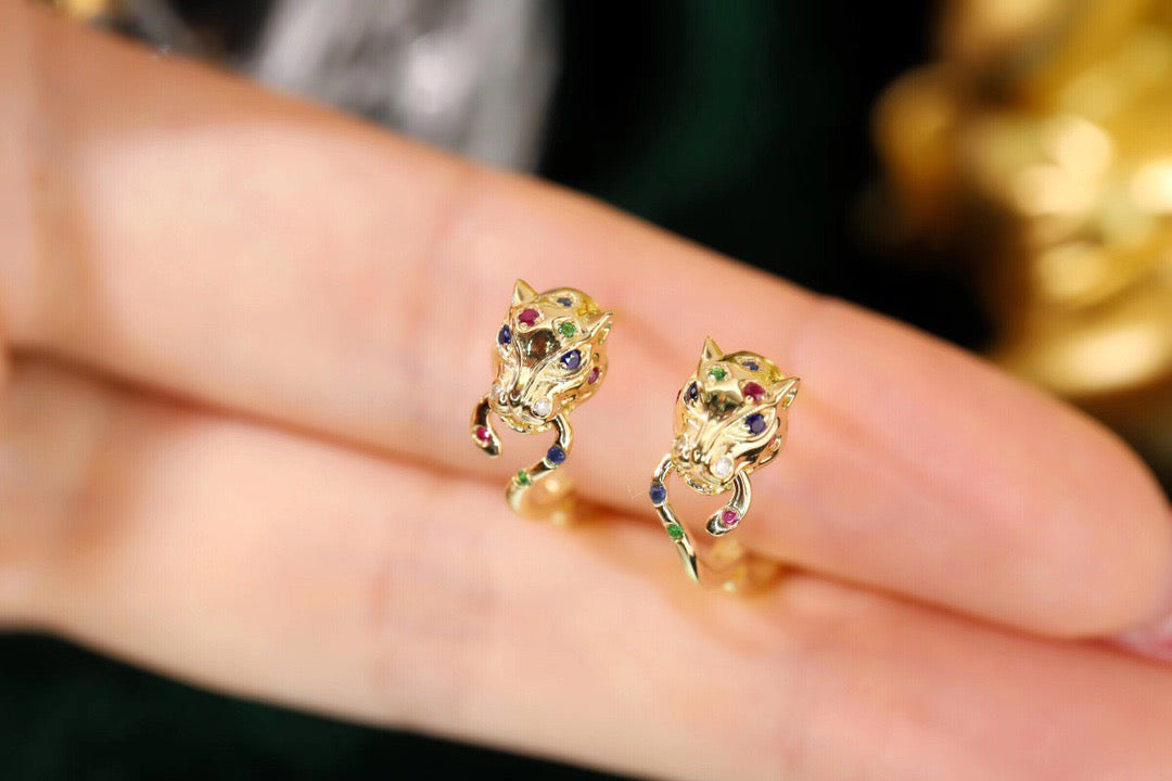 18K Solid Gold Sapphire, Ruby , Diamond Cheetah Earrings