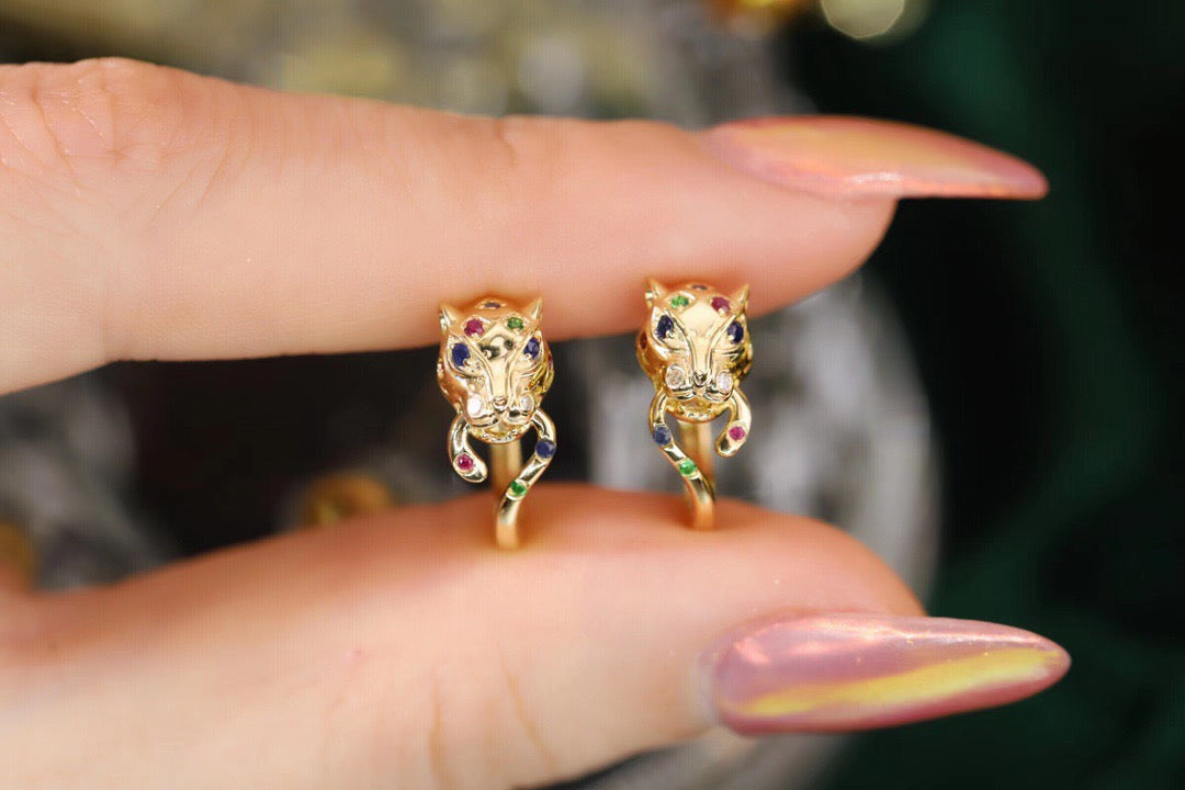 18K Solid Gold Sapphire, Ruby , Diamond Cheetah Earrings