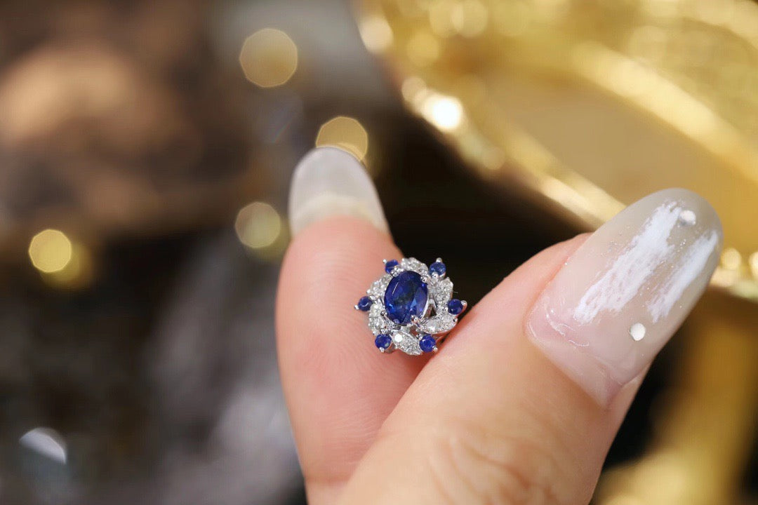 Vintage 18K Solid Gold Genuine Sapphire Diamond Earrings