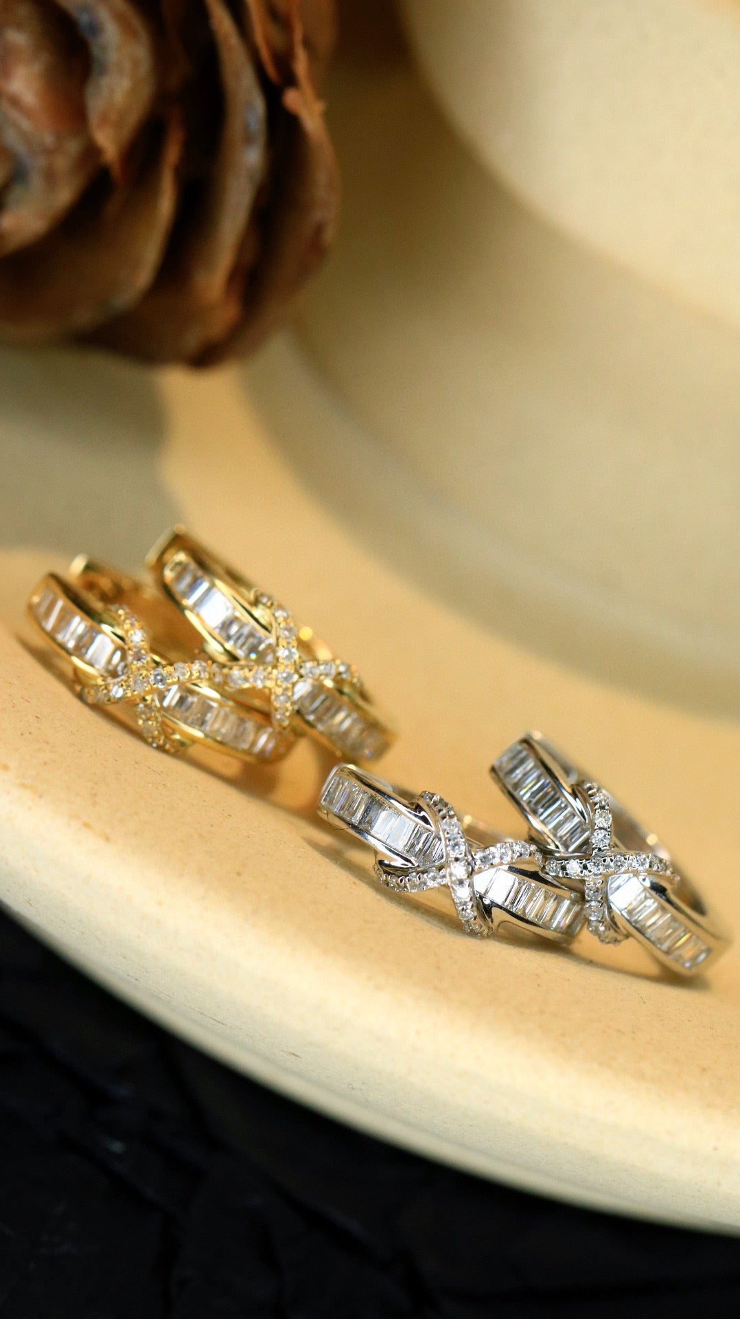 Vintage 18K Solid Gold Diamond X Hoop Earrings , Wedding Earrings, Gift for her
