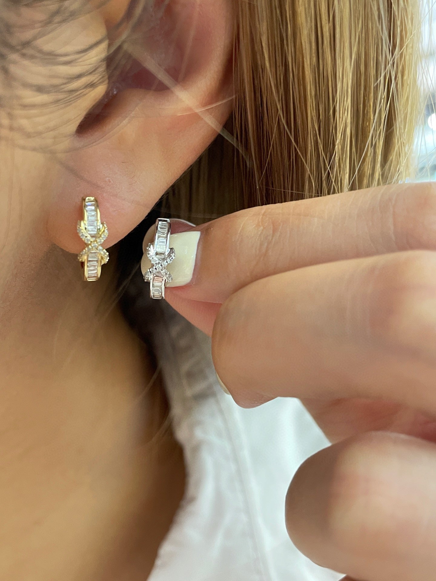 Vintage 18K Solid Gold Diamond X Hoop Earrings , Wedding Earrings, Gift for her