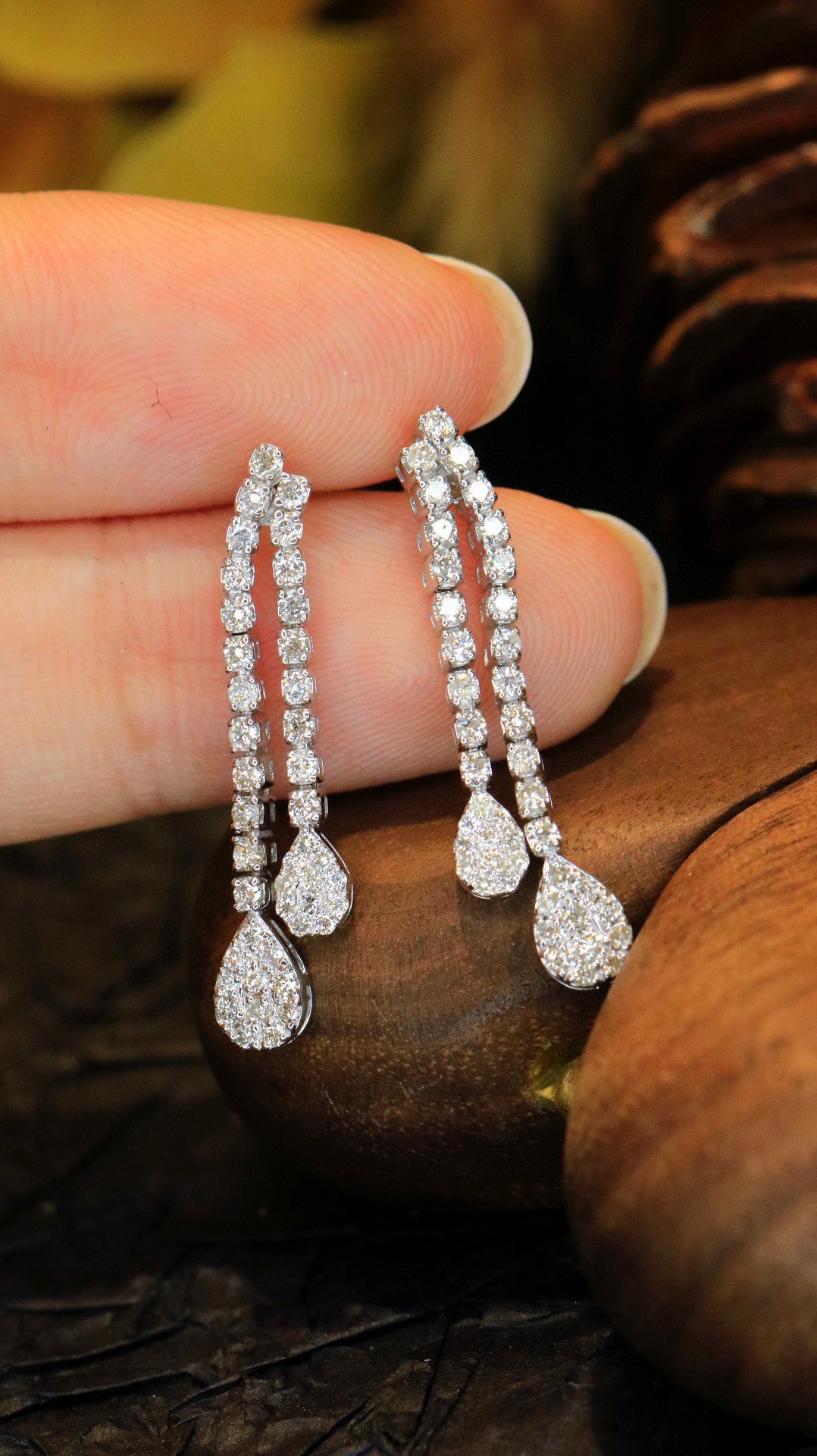 Vintage 18K Solid Gold Full Diamond Dangle Earrings, Wedding Earrings, Gift for her