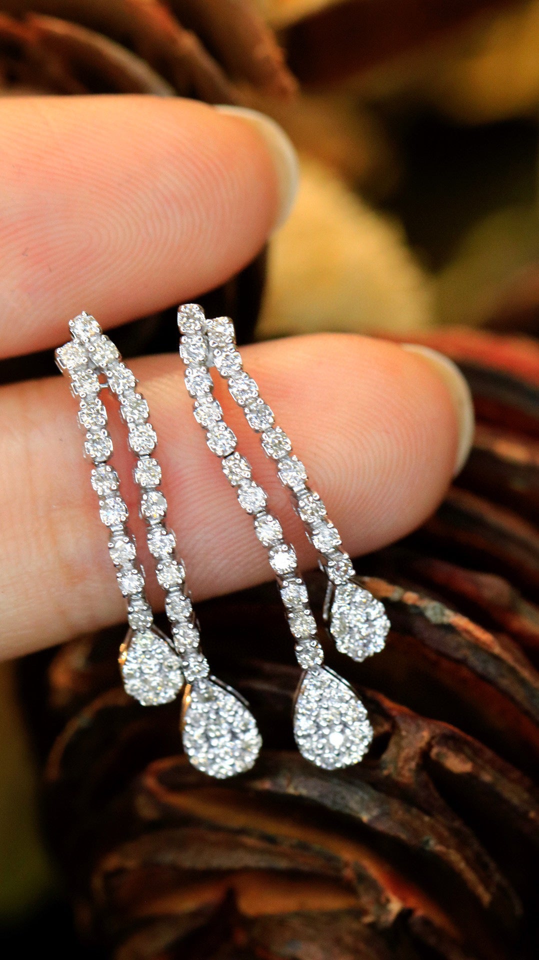 Vintage 18K Solid Gold Full Diamond Dangle Earrings, Wedding Earrings, Gift for her