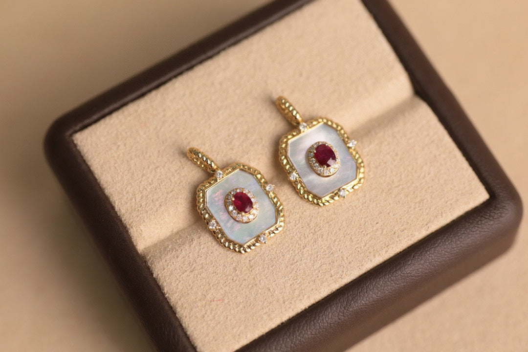 Vintage 18K Solid Gold Ruby Diamond Pendant, Ruby with mother of pearl pendant, gift for her