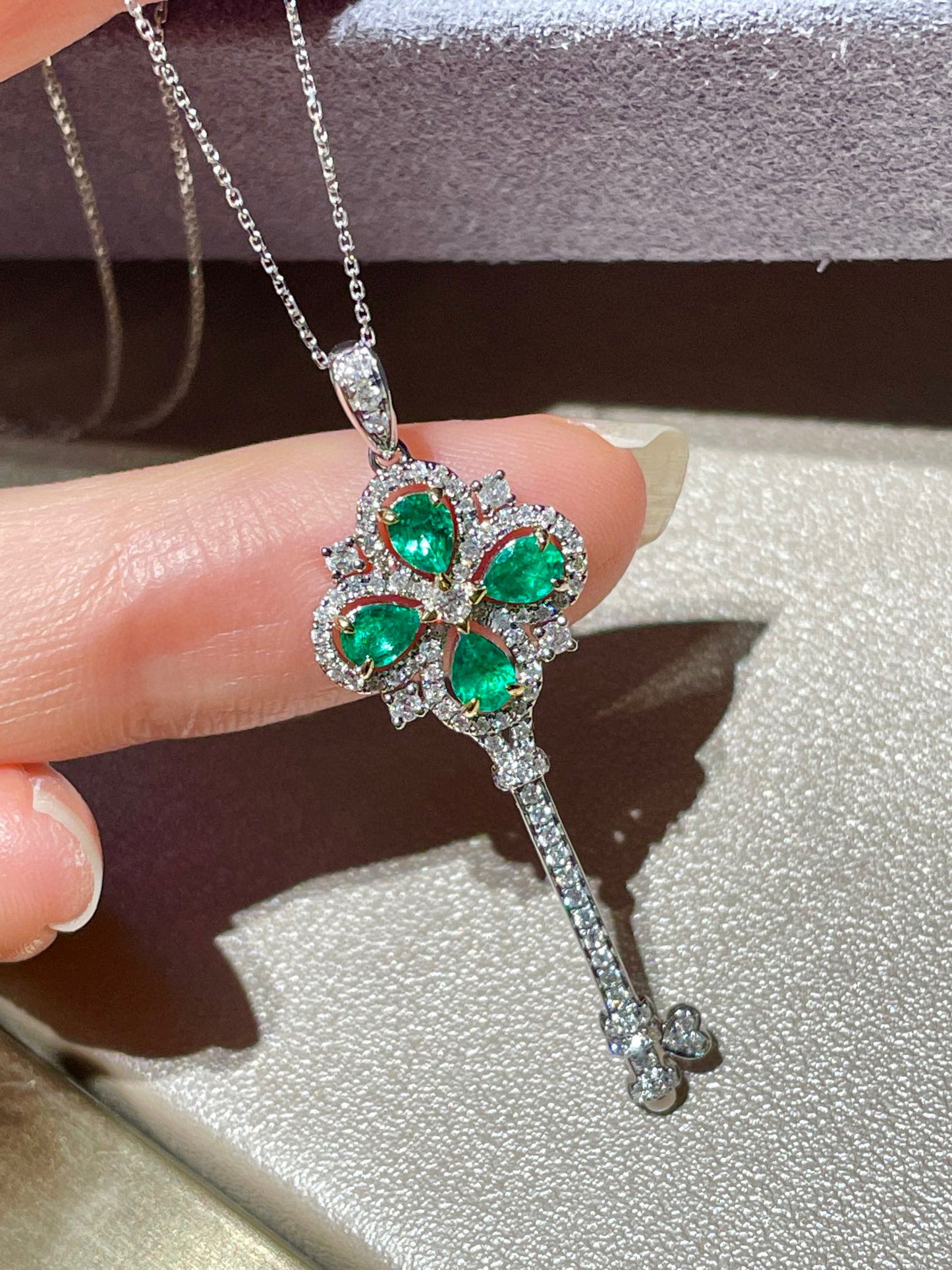18K Solid Gold Emerald Diamond Key Pendant