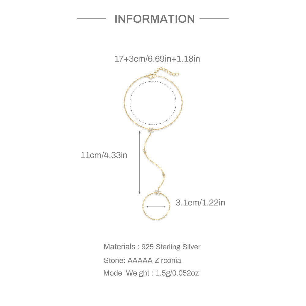 18K Gold plated Sterling Silver Flower charm Zircon Hand Chain Dainty Adjustable Finger Bracelet Valentine's Day gifts