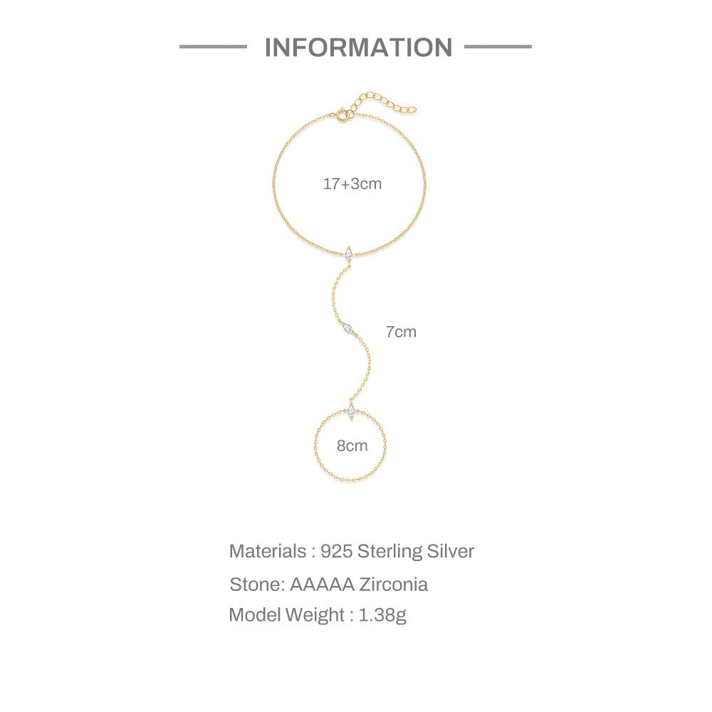 18K Gold plated Sterling Silver charm Zircon Hand Chain Dainty Adjustable Finger Bracelet Valentine's Day gifts