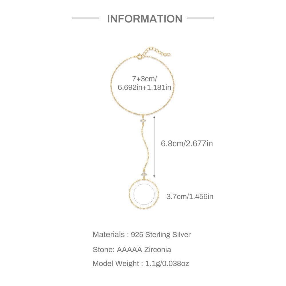 18K Gold plated Sterling Silver Clover charm Zircon Hand Chain Dainty Adjustable Finger Bracelet , birthday gift for her