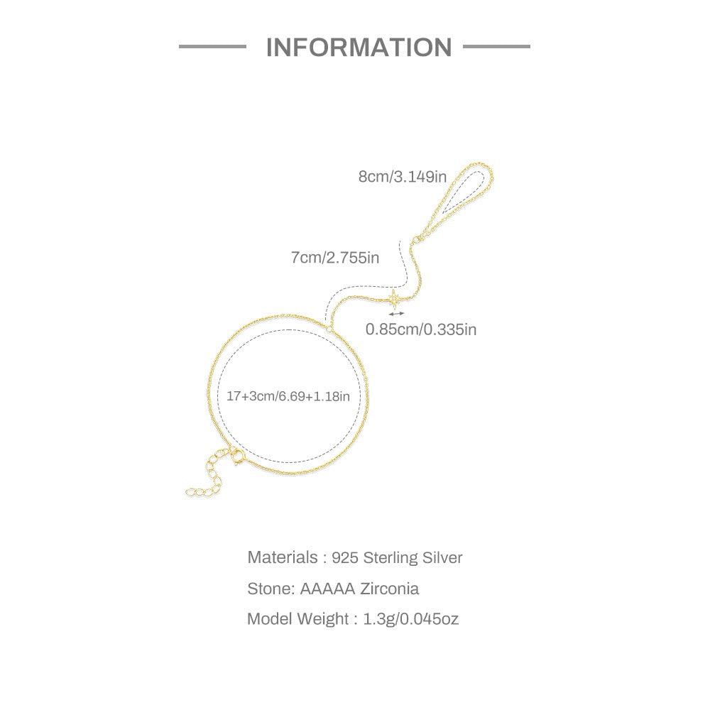 18K Gold plated Sterling Silver Star charm Zircon Hand Chain Dainty Adjustable Finger Bracelet, gift for girlfriend