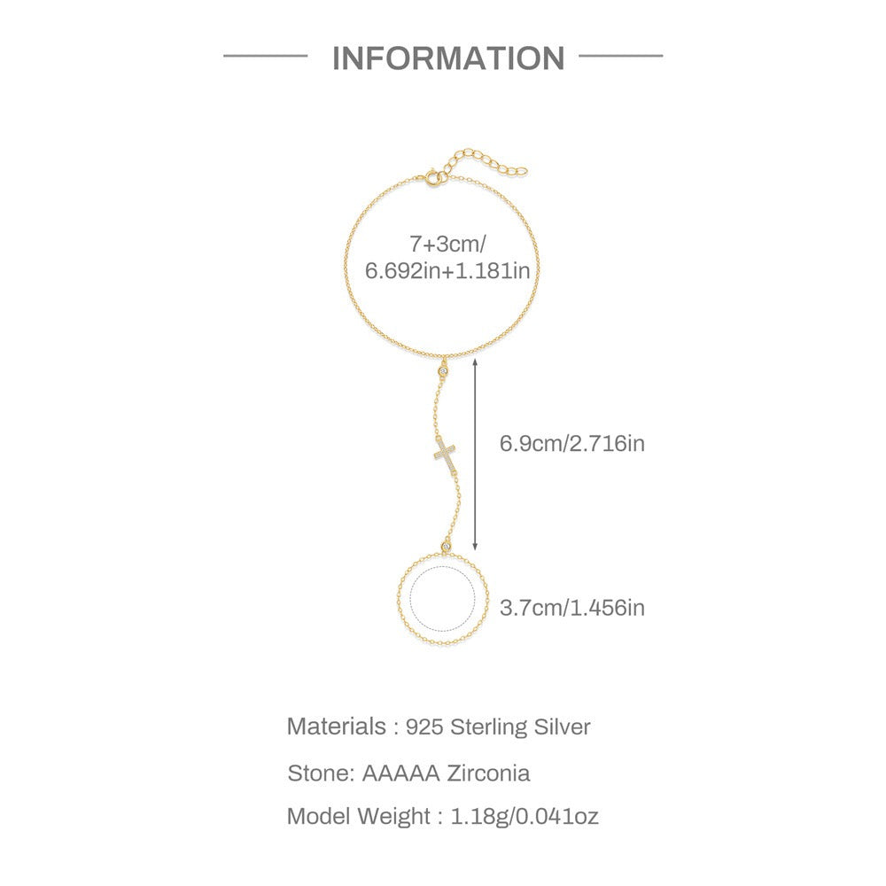 18K Gold plated Sterling Silver Cross charm Zircon Hand Chain Dainty Adjustable Finger Bracelet ,birthday gift for her