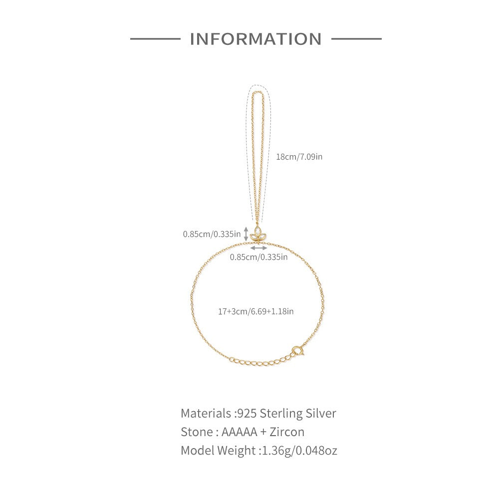 18K Gold plated Sterling Silver Clover charm Zircon Hand Chain Dainty Adjustable Finger Bracelet ,birthday gift for her