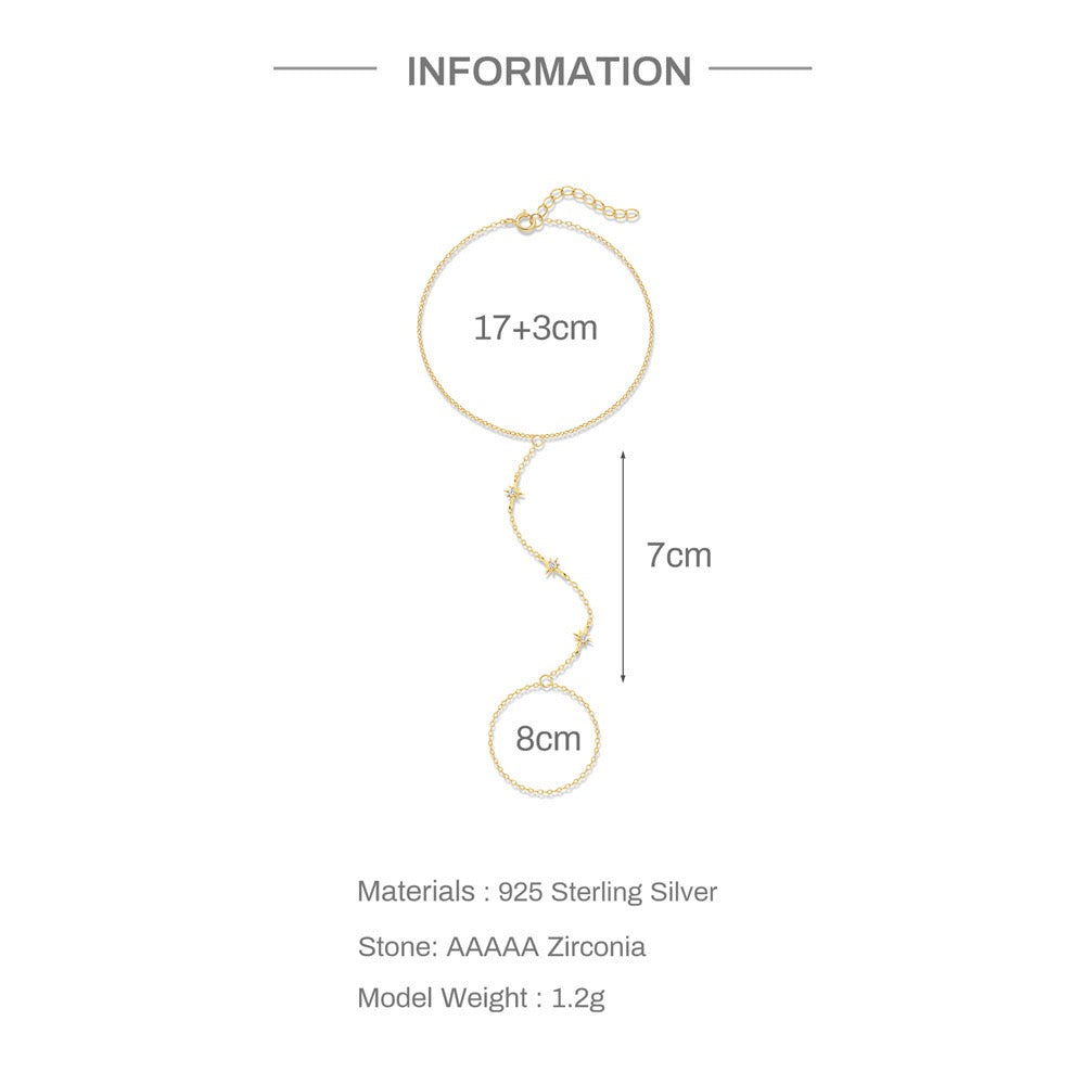 18K Gold plated Sterling Silver Stars charm Zircon Hand Chain Dainty Adjustable Finger Bracelet ,birthday gift for her