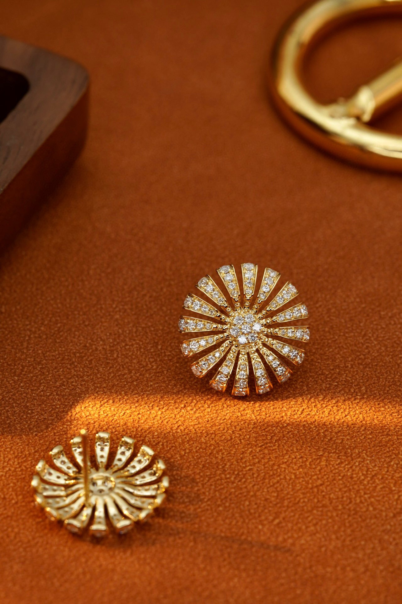 Fancy 18K Solid Gold Full Diamond Sunflower Stud Earrings, Statement Earrings