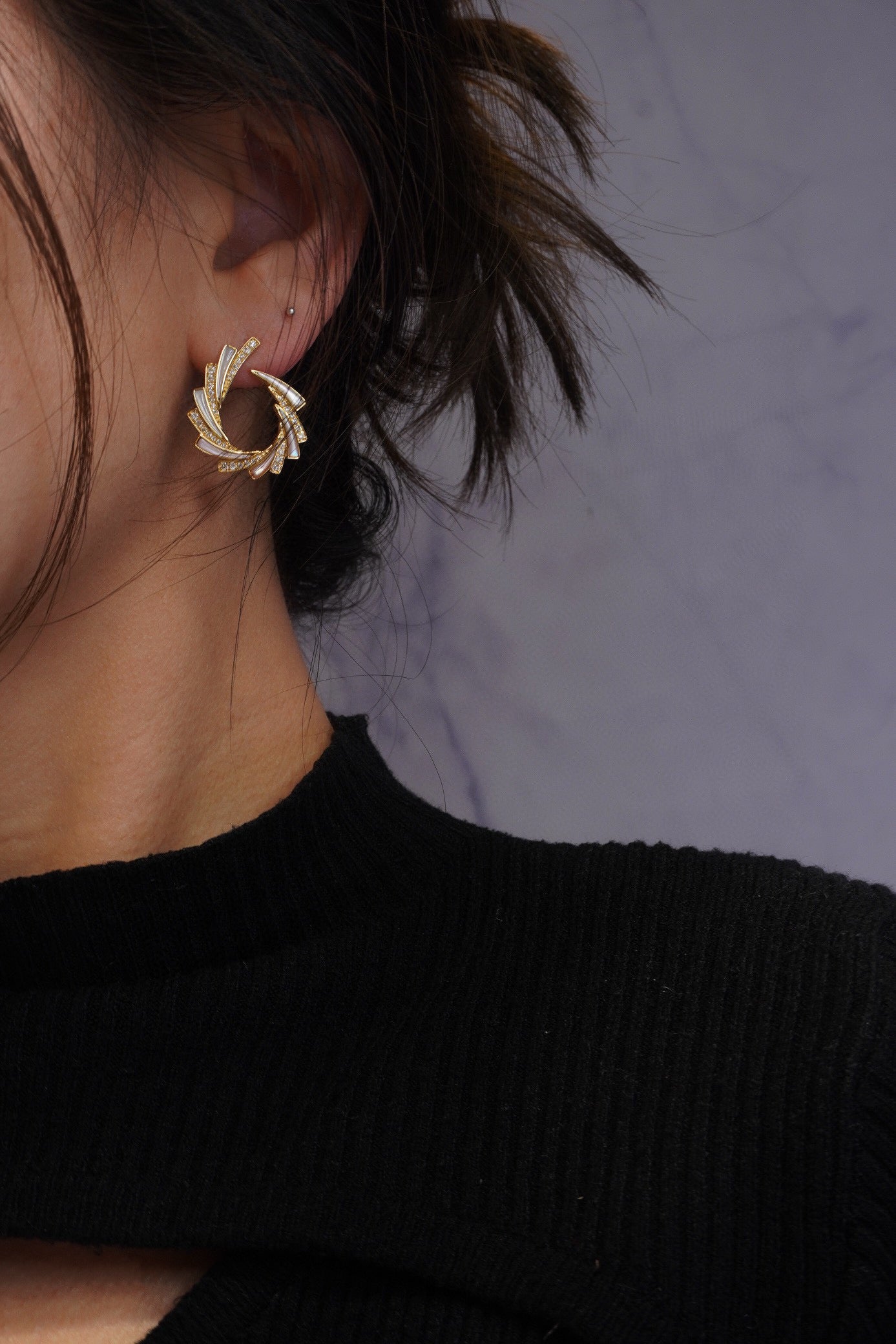 Vintage 18K Solid Gold Diamond Wave style Earrings, Statement Earrings, gift for her