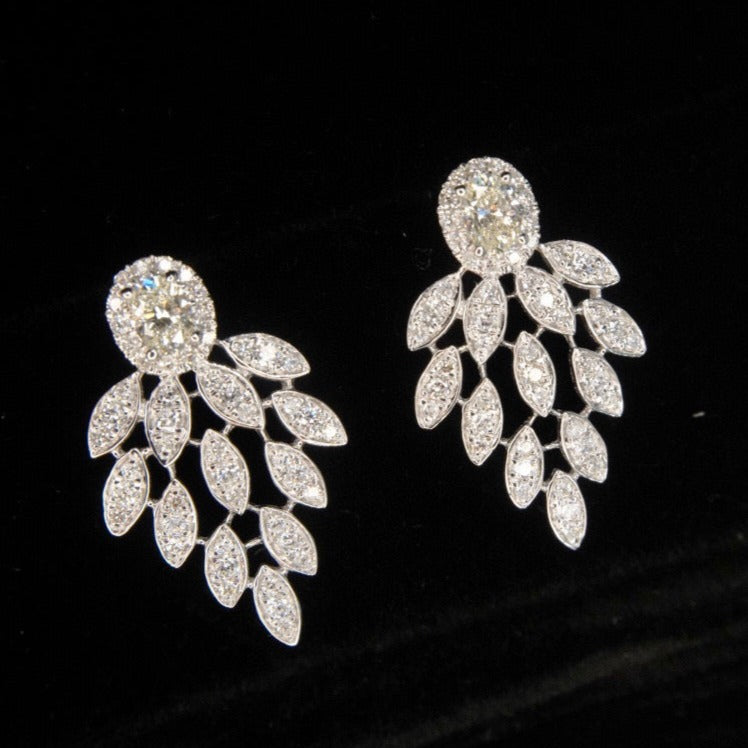 Fancy 18K Solid Gold Full Diamond Dangle Leaf Stud Earrings, Wedding Earrings
