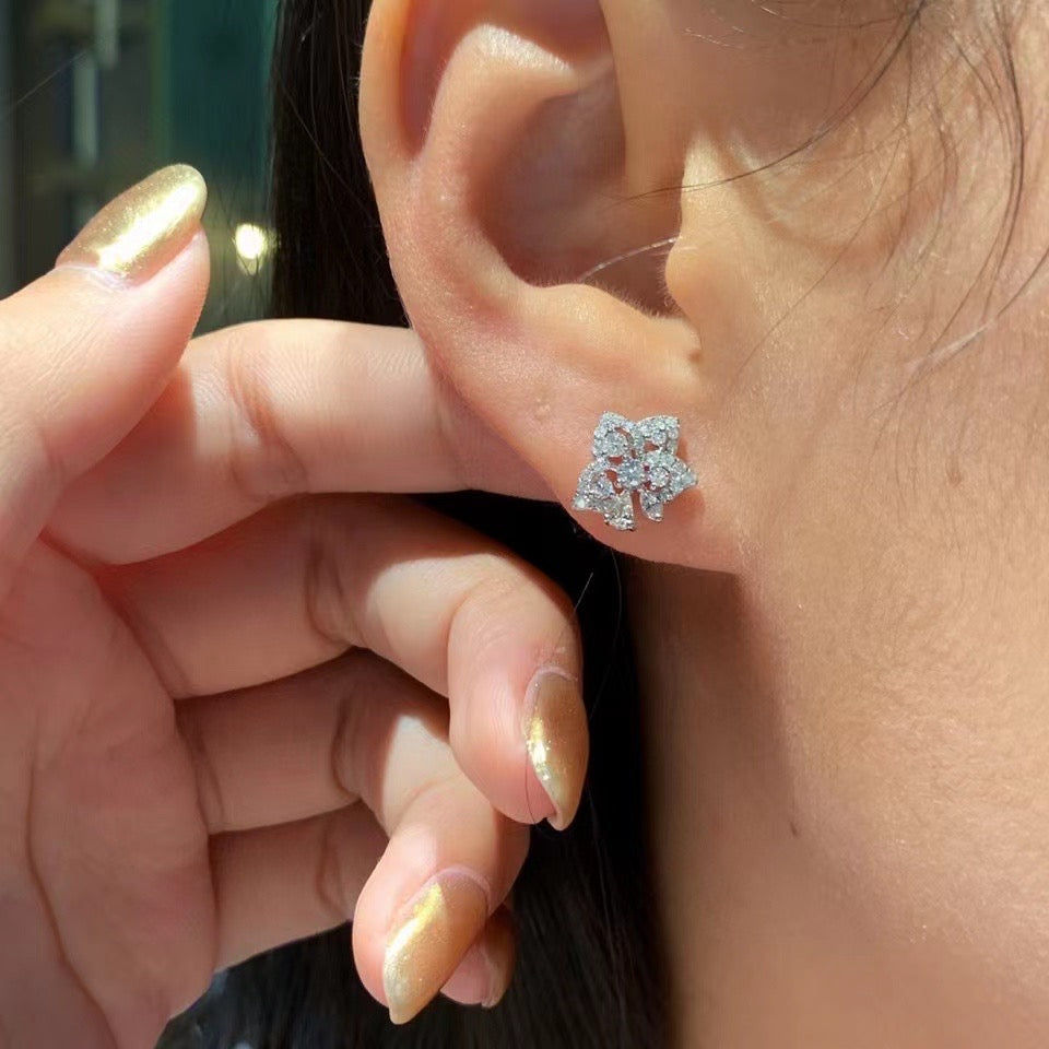 Vintage 18K Solid Gold Diamond Flower Stud Earrings, Wedding Earrings, gift for her