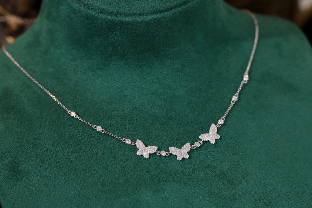 18K Solid White Gold Genuine Diamond Butterfly Necklace, Wedding Engagement Necklace, Diamond Jewelry, Gift for her