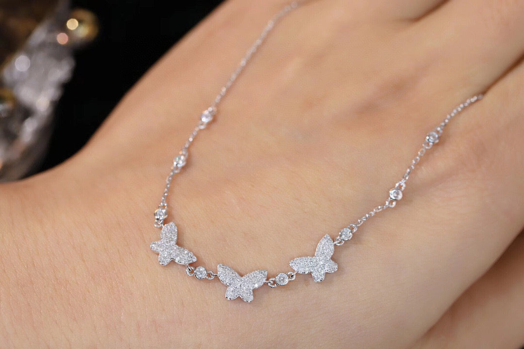18K Solid White Gold Genuine Diamond Butterfly Necklace, Wedding Engagement Necklace, Diamond Jewelry, Gift for her