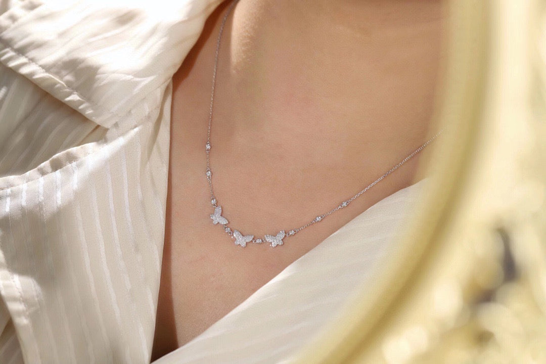 18K Solid White Gold Genuine Diamond Butterfly Necklace, Wedding Engagement Necklace, Diamond Jewelry, Gift for her