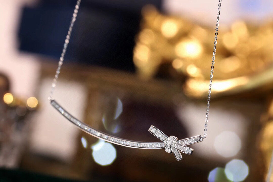18k solid gold Full Diamond Bow Necklace, Wedding Necklace