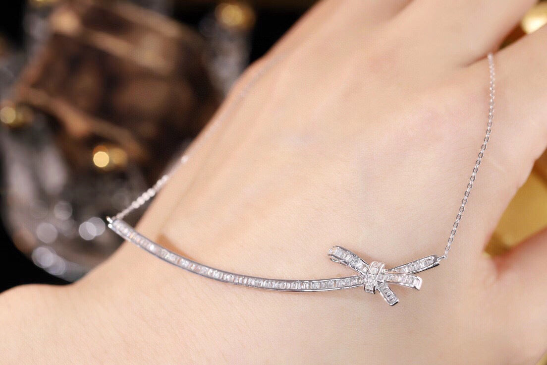 18k solid gold Full Diamond Bow Necklace, Wedding Necklace