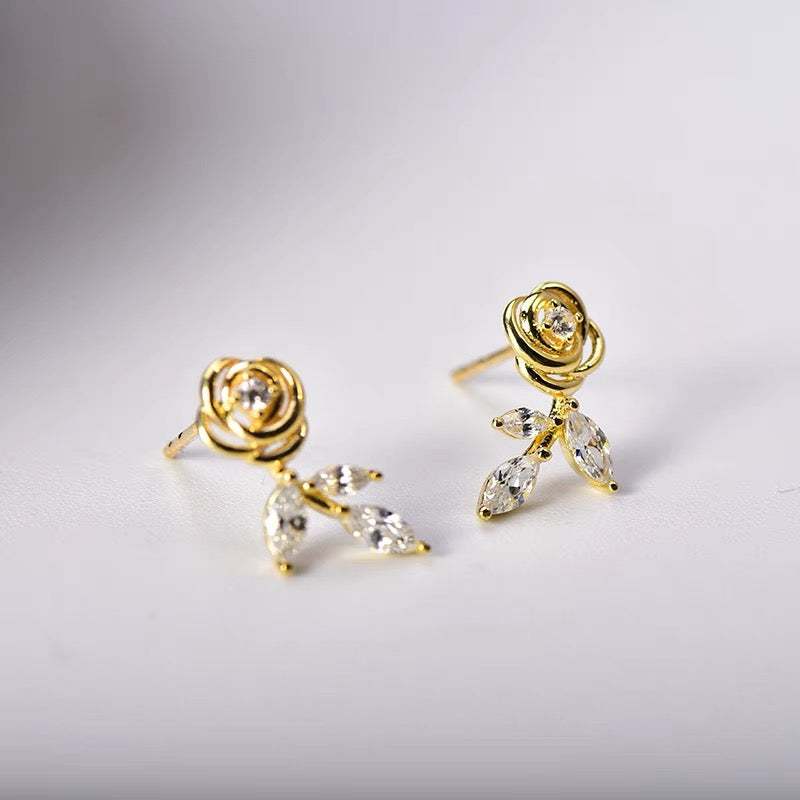 Dainty Gold Rose Stud Earrings/10K Solid Gold Flower CZ Diamond Earrings
