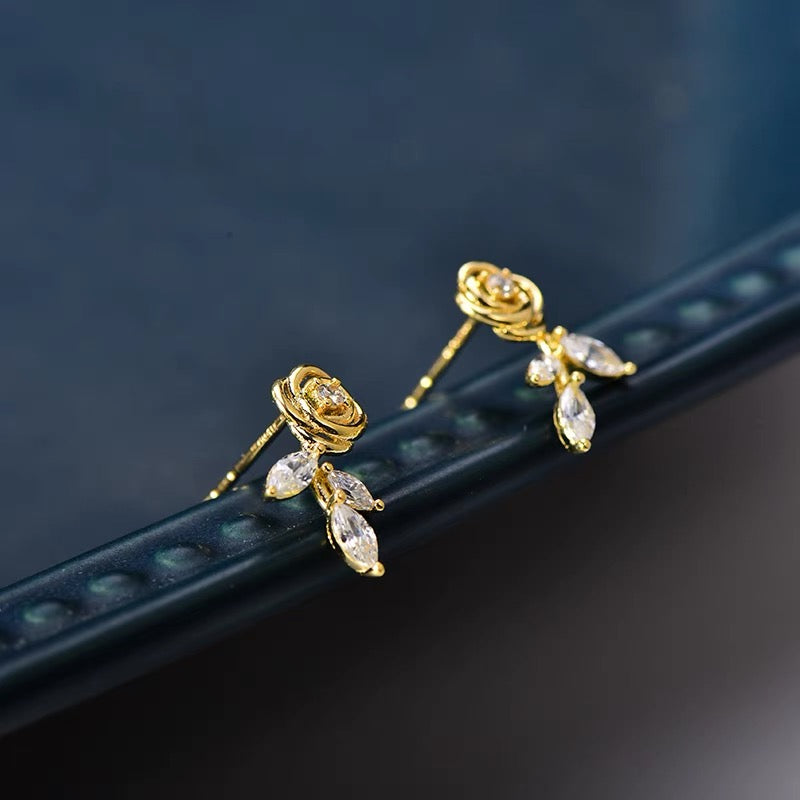Dainty Gold Rose Stud Earrings/10K Solid Gold Flower CZ Diamond Earrings