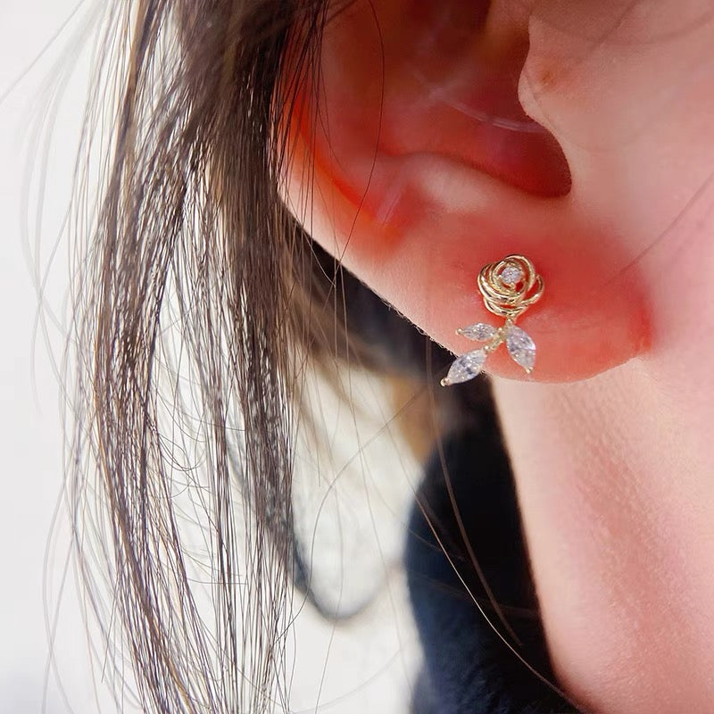 Dainty Gold Rose Stud Earrings/10K Solid Gold Flower CZ Diamond Earrings
