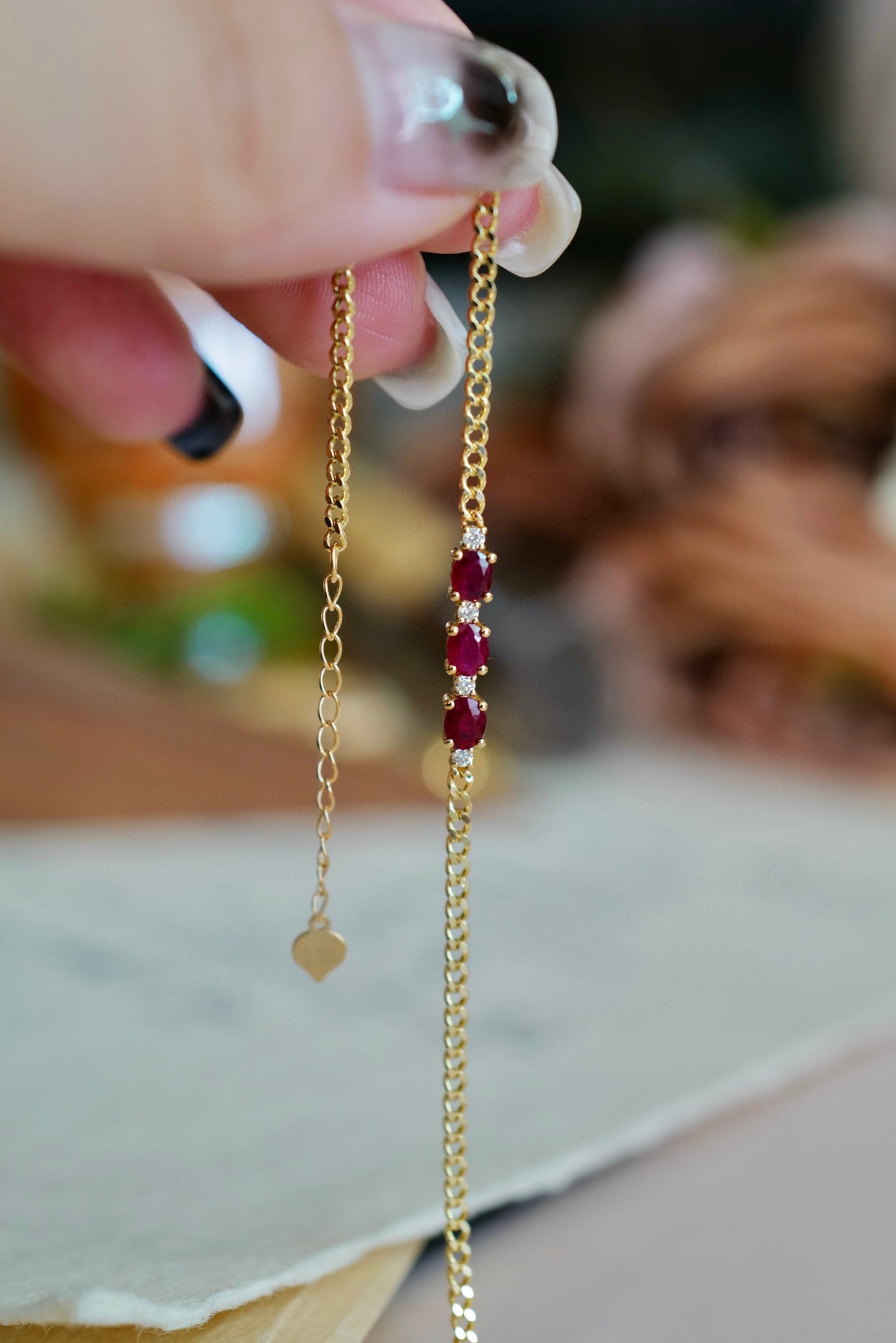 Classic Gold Ruby Diamond Bracelet/18K Solid Gold Natural Three Stones Ruby Bracelet/Ruby Diamond Cuban chain Bracelet/Engagement Bracelet