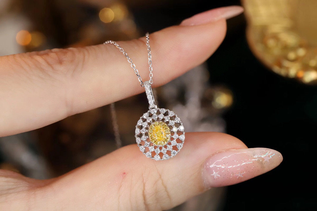 Art Deco Diamond Pendant Necklace, 18K Solid Gold Yellow Diamond Necklace, Wedding Necklace