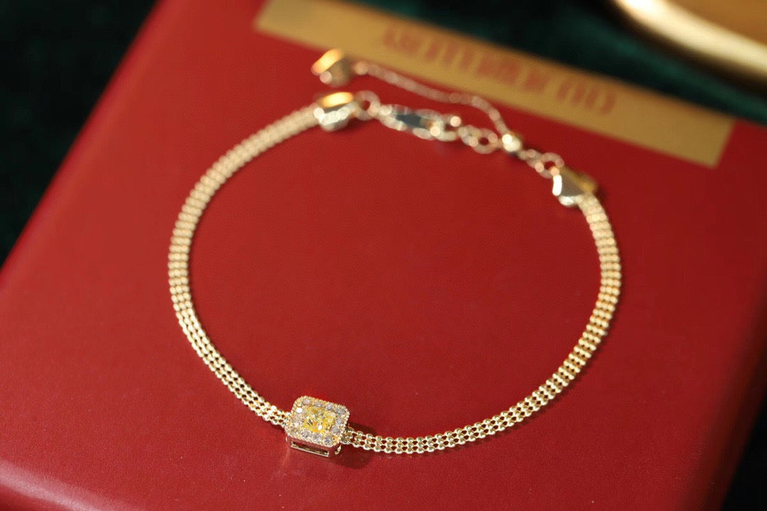 18K Solid Gold Yellow Diamond Bead Chain Bracelet , Wedding Bracelet