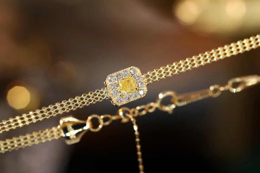 18K Solid Gold Yellow Diamond Bead Chain Bracelet , Wedding Bracelet
